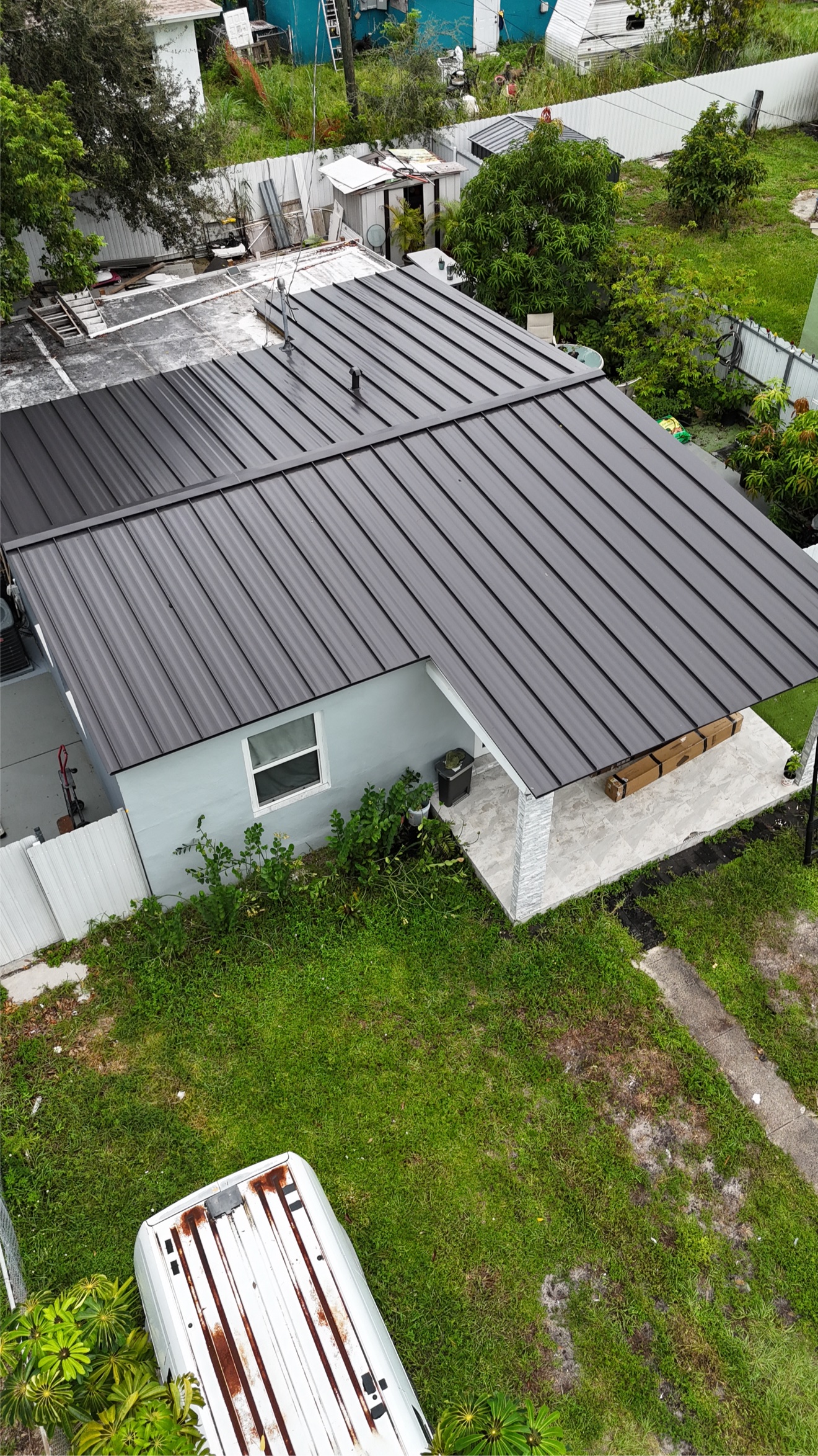 Close-up of metal roof hip detail