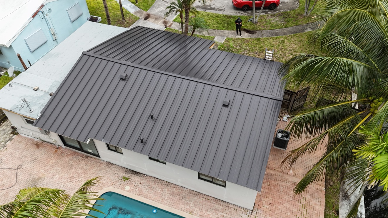 Aerial view of finished metal roof from above