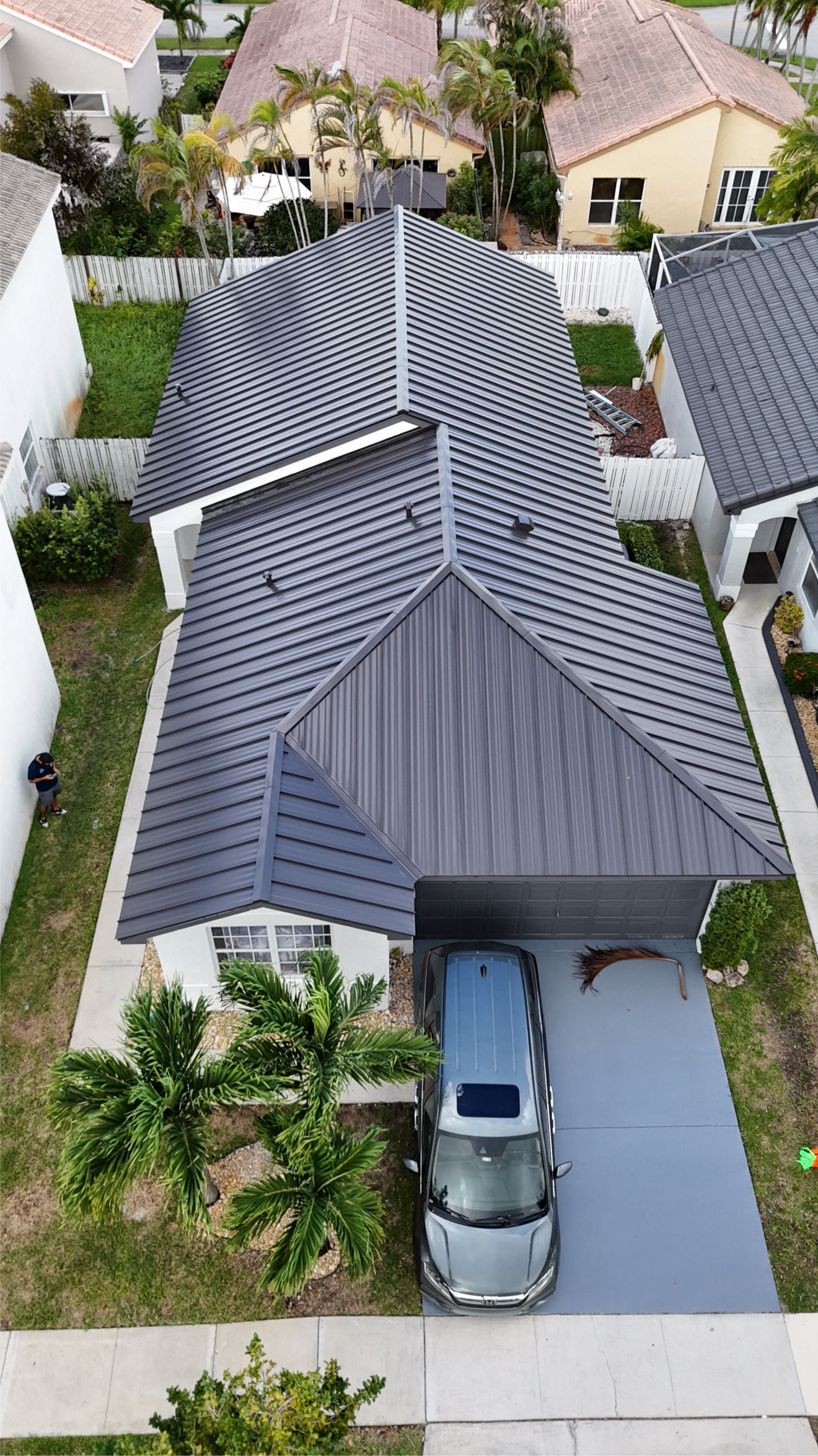 Aerial view of metal roof on a home