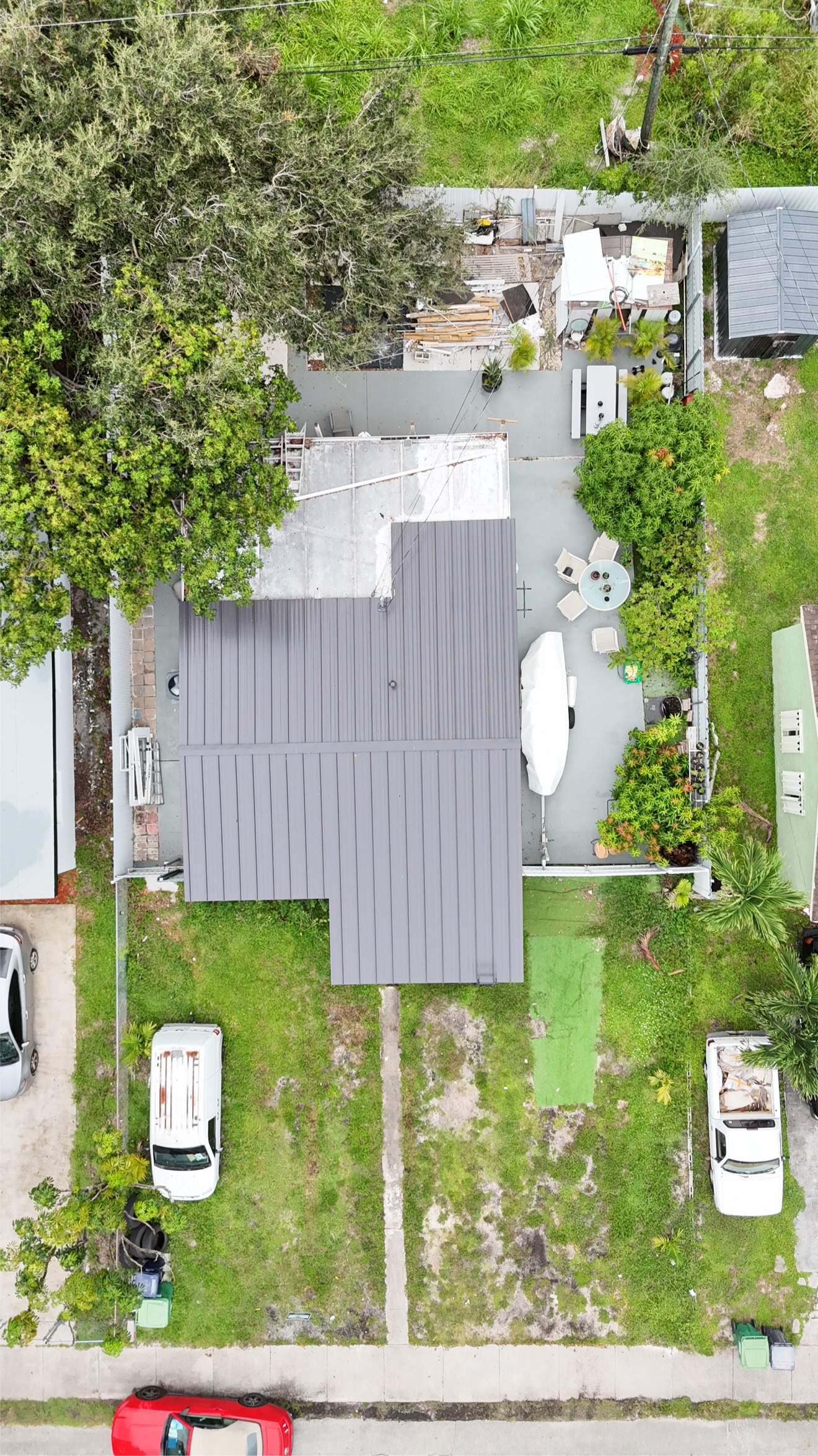 Aerial of metal roof on a home with patio