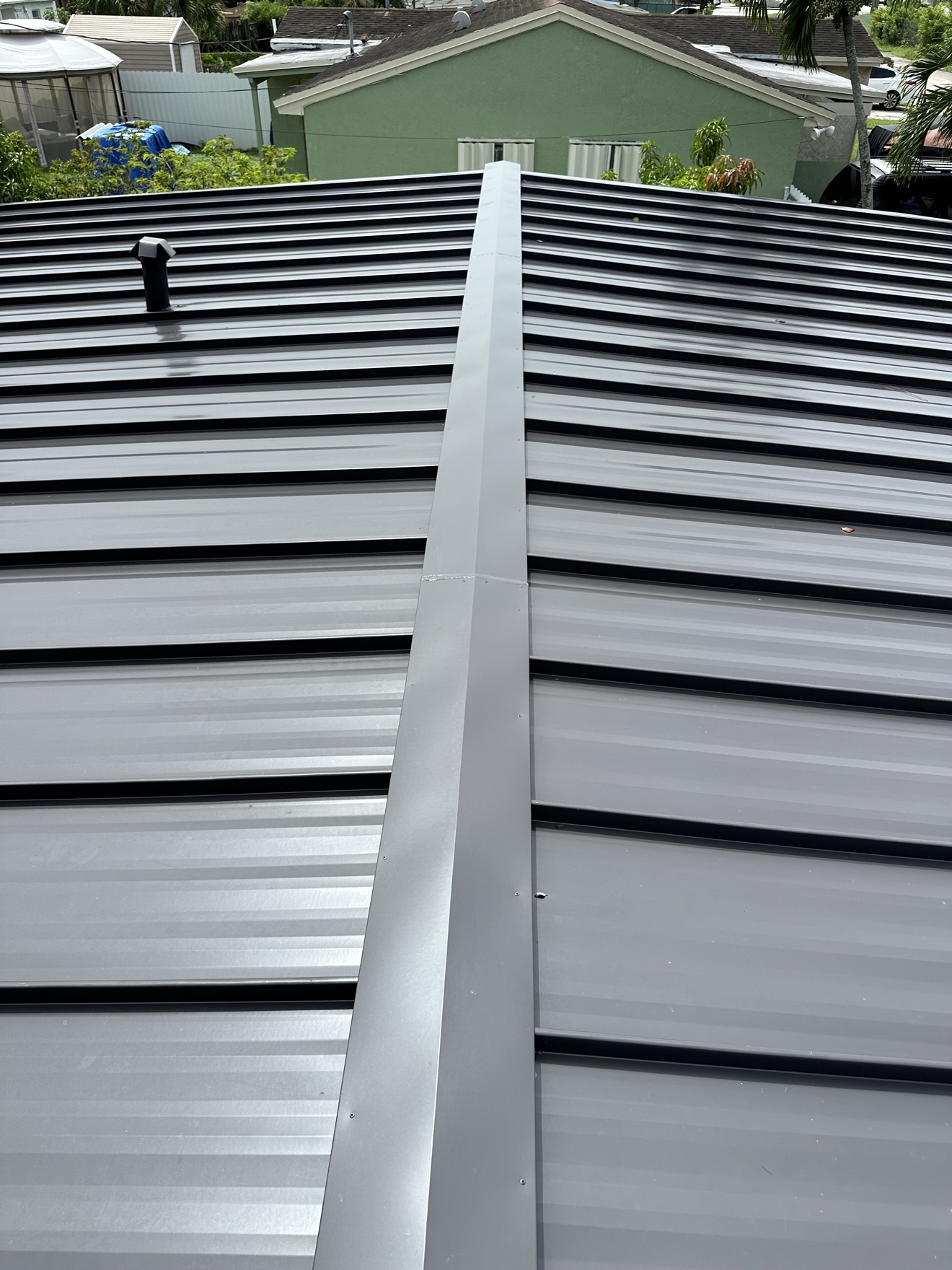 Aerial of completed metal roof from above