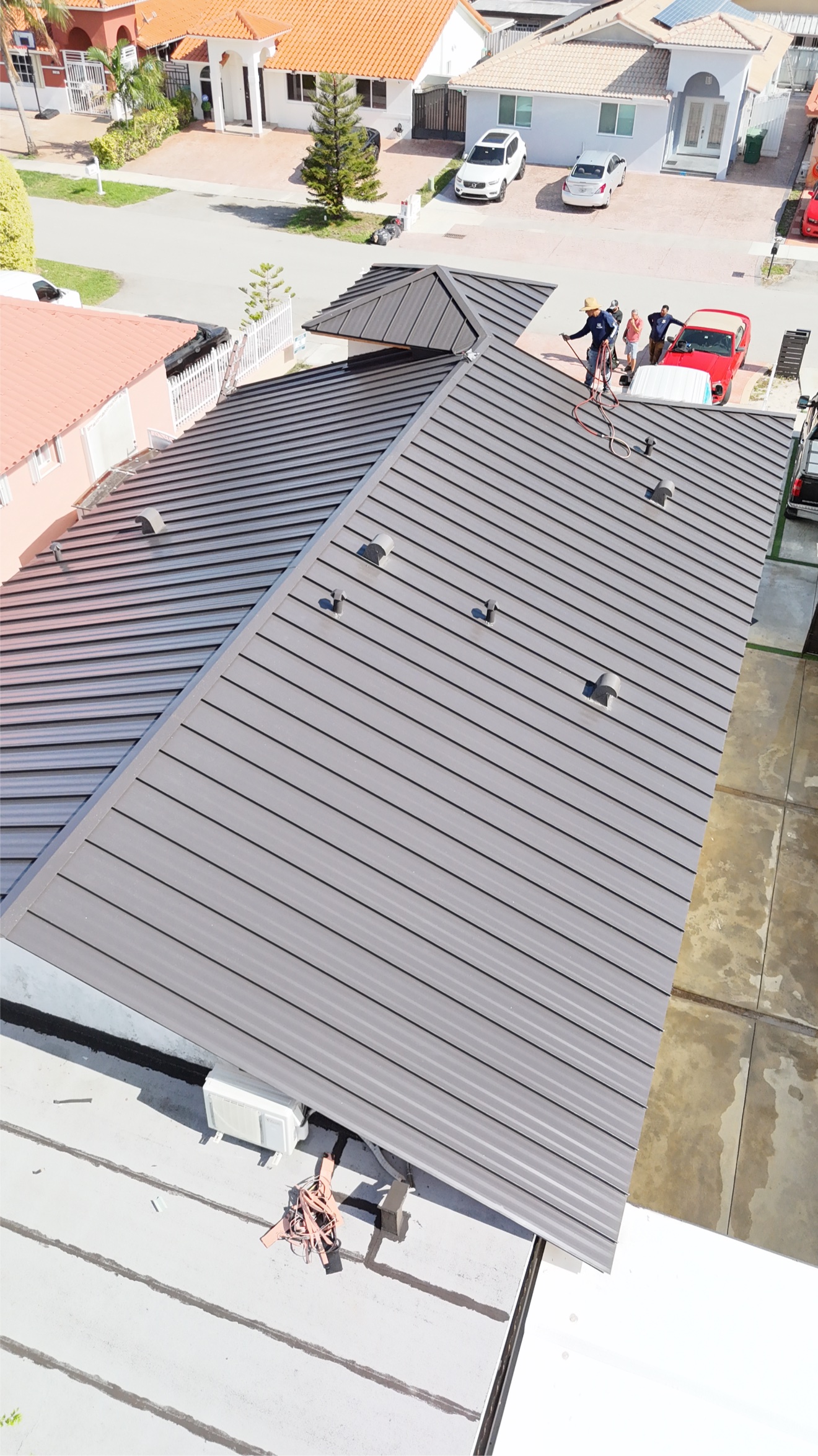 Aerial of completed metal roof from above