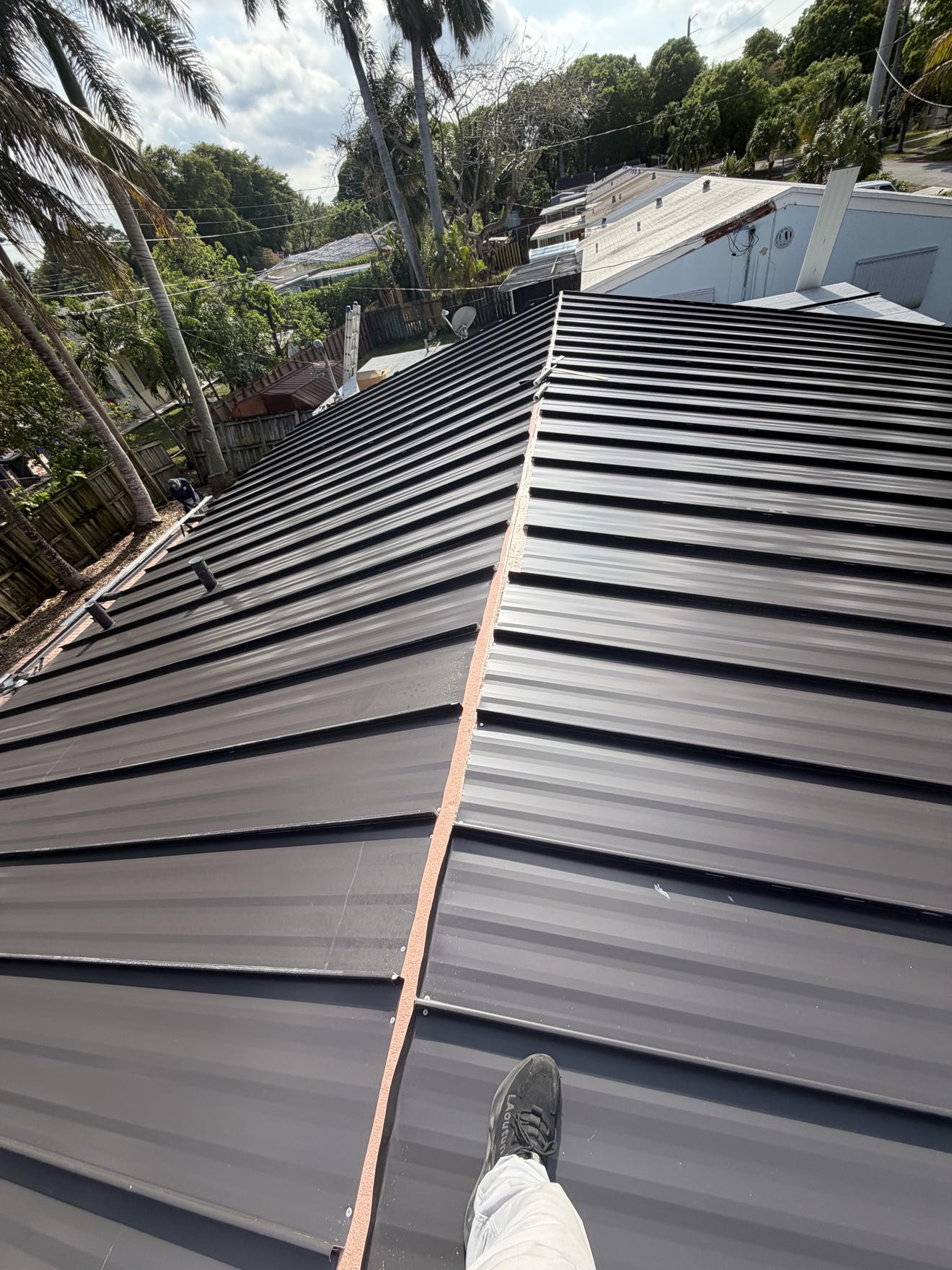 Finished standing seam metal roof, aerial view