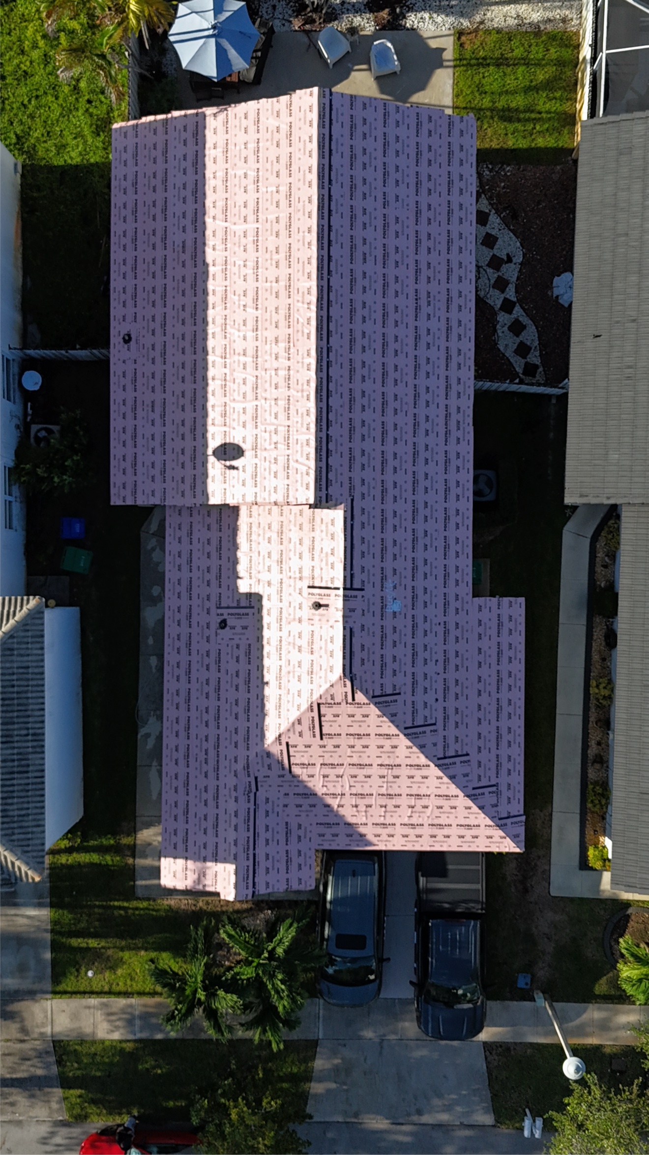 Top-down view of underlayment on a metal roof project