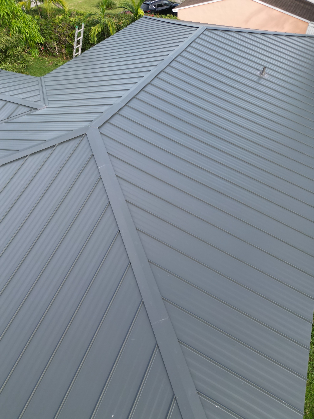 Close-up of metal roof valley detail
