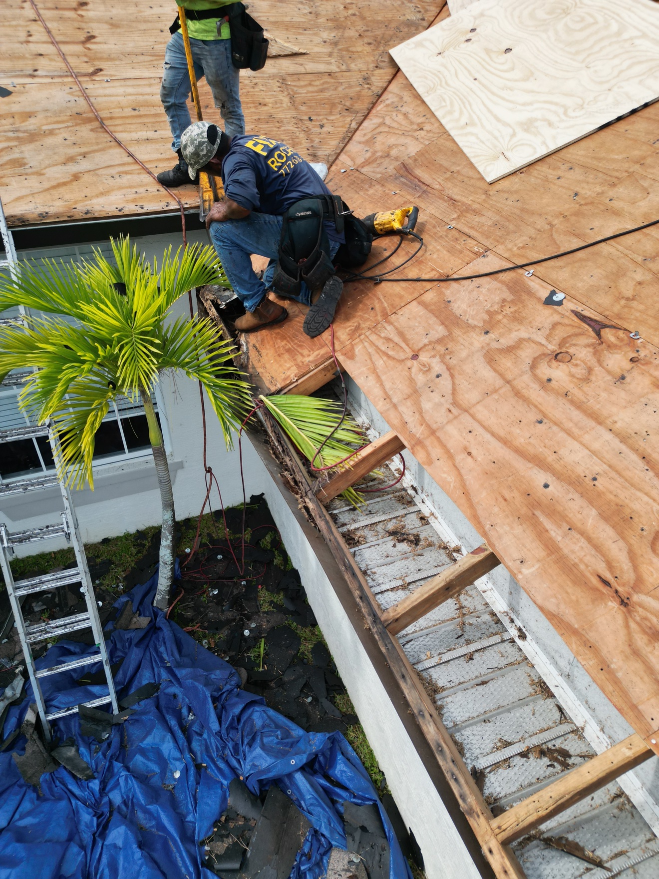 Aerial of a finished dark shingle roof with pool behind