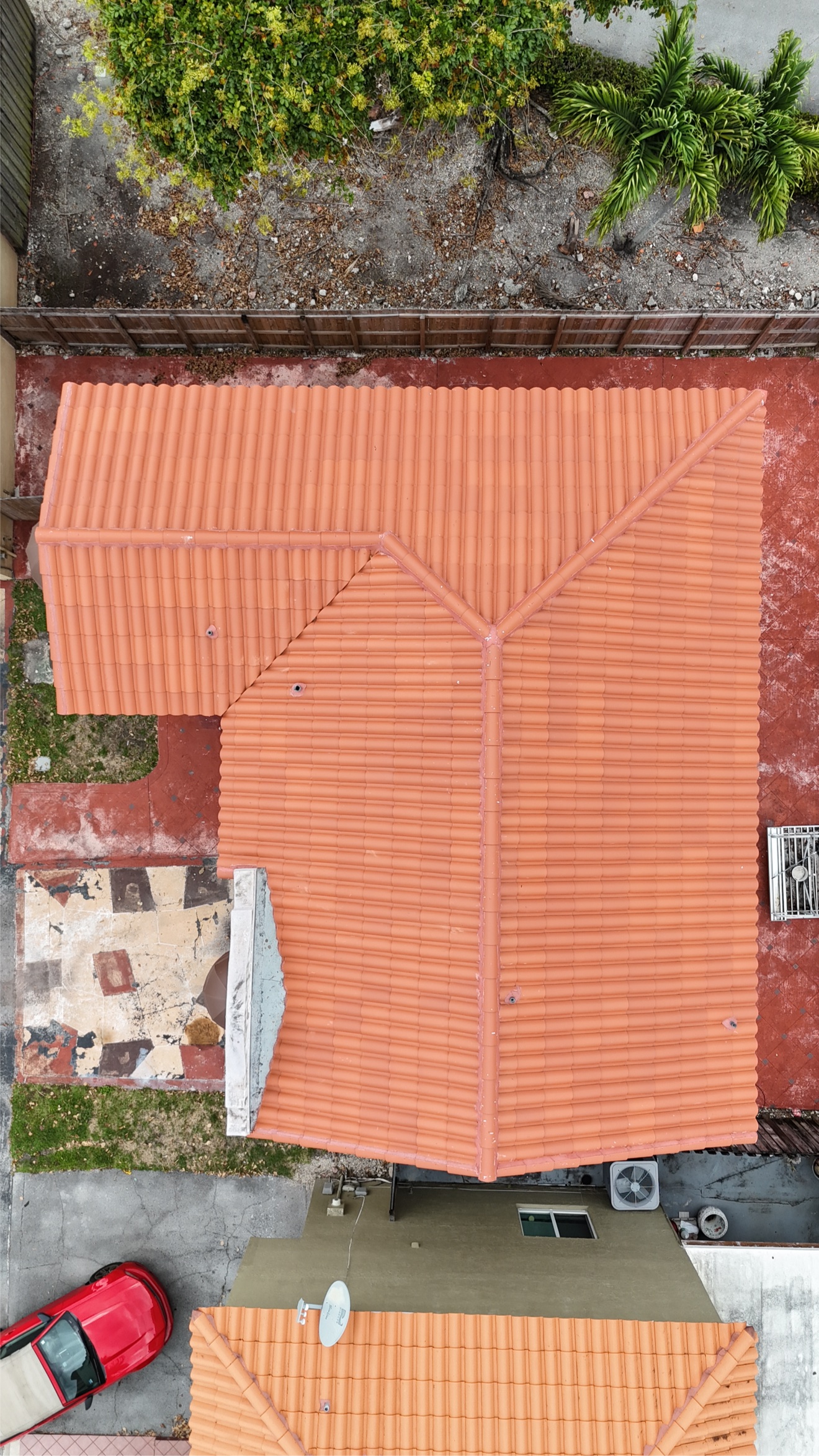 Aerial of a finished clay tile roof, top-down