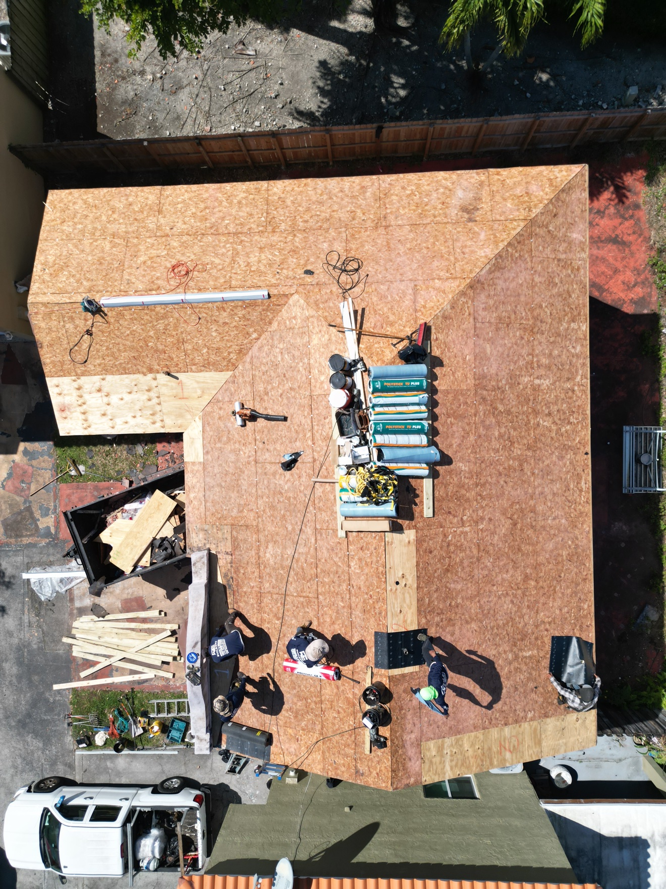Aerial of plywood deck with materials ready