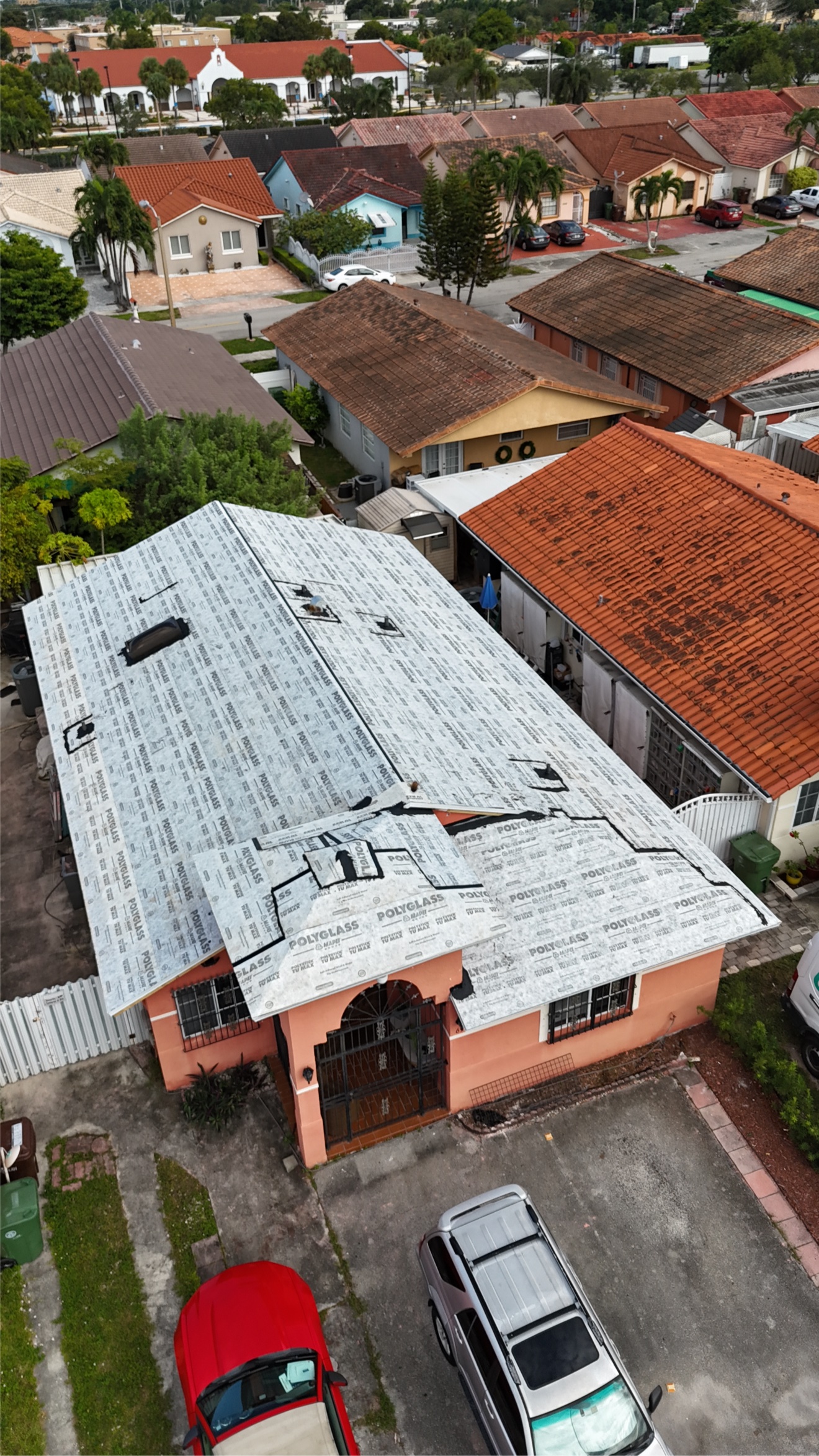 Aerial of a house fully covered in tile underlayment
